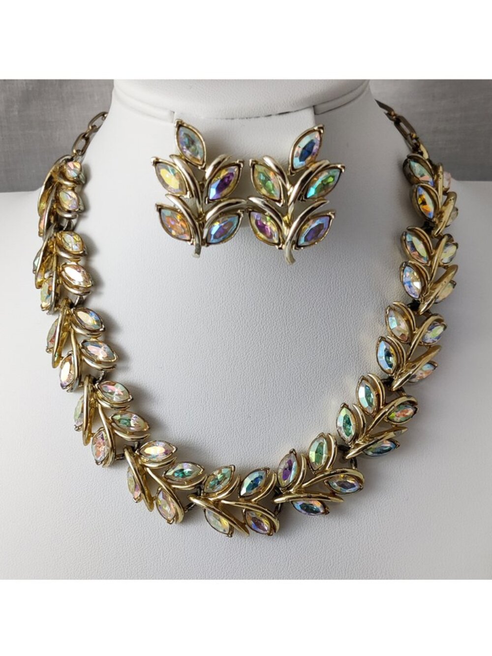 Vintage 50s Coro Collection Book Piece Clear AB Navette Stones Earrings Necklace